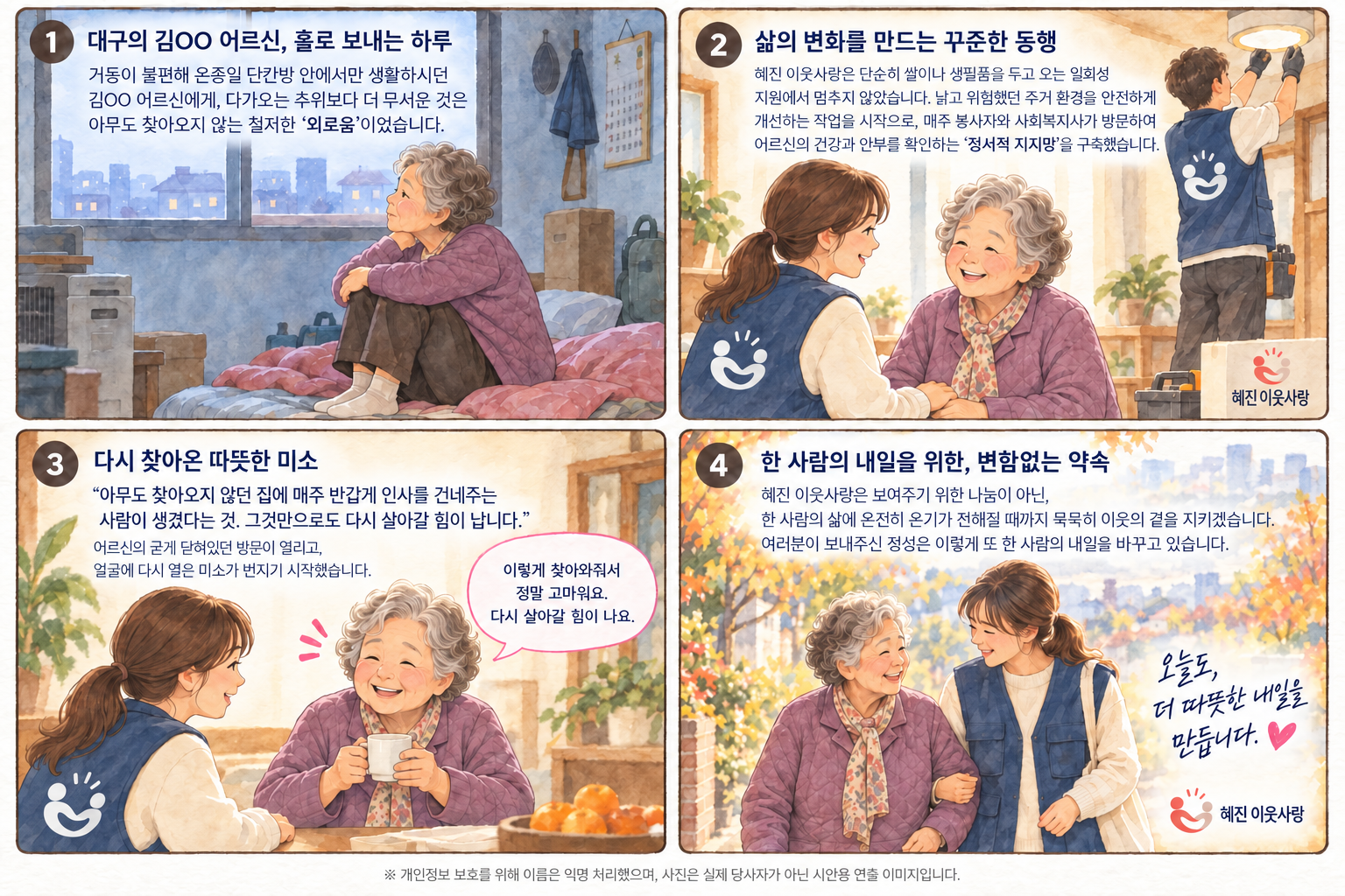 홀로 지내던 어르신이 혜진 이웃사랑의 주거 개선과 정기 방문을 통해 다시 미소를 찾는 네 장면의 이야기